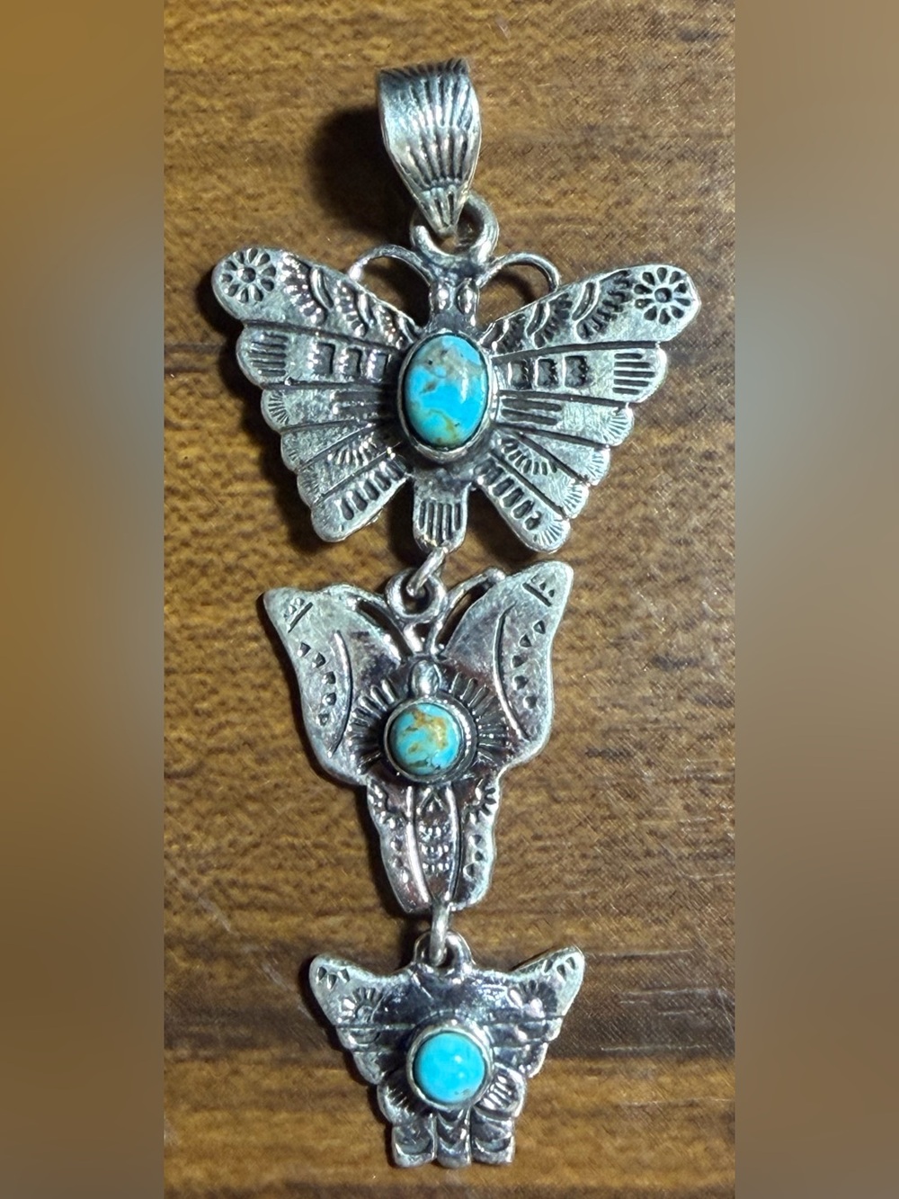 New Sterling Silver Turquoise Triple Butterfly Pendant 2.75” Southwestern